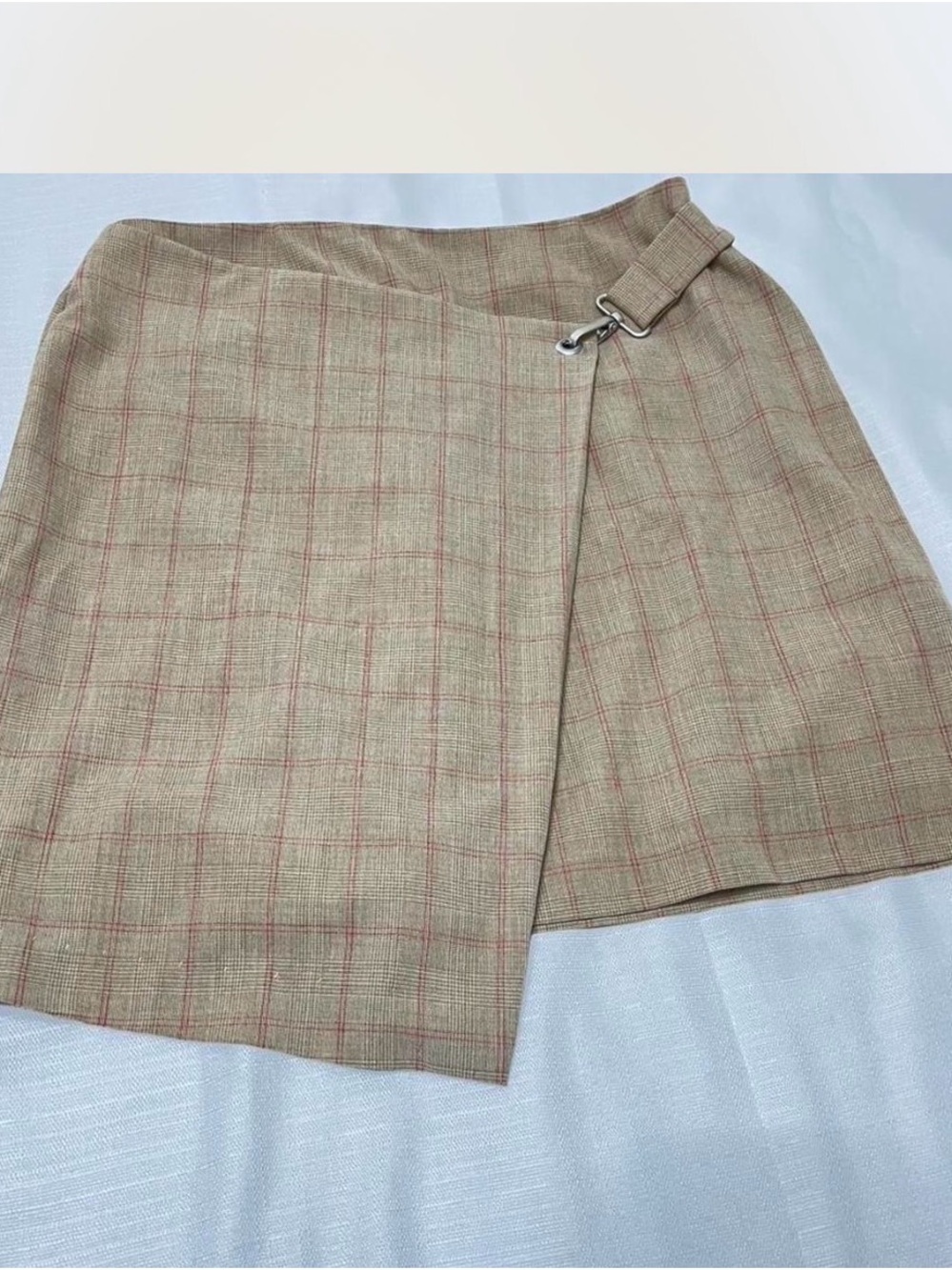 Neutral Plaid Wrap Mini Skirt with Buckle Detail